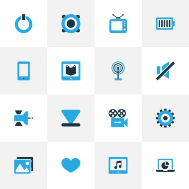 Medya renkli simgeler kümesi. Döküm, Infographic, Tablet ve diğer öğeleri koleksiyonu. Anten, sessiz, görüntü gibi semboller de içerir.