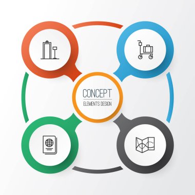 Ulaşım Icons Set. Bavul arabasında, yol haritası, güvenlik inceden inceye gözden geçirmek ve başka öğeler topluluğu. Ayrıca vatandaşlık, güvenlik, seyahat gibi simgeler içerir.