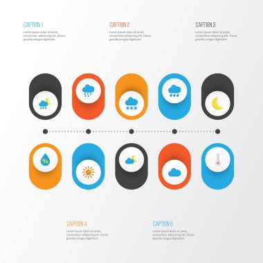 İklim düz simgeler kümesi. Yağmur, hilal, ay ve diğer öğeleri koleksiyonu. Ayrıca Frost, kar, yağmur gibi simgeler içerir.