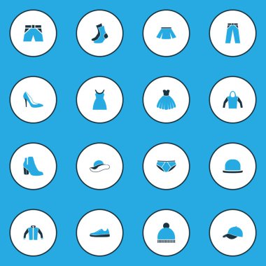 Elbise renkli simgeler kümesi. Elbise, kadın ayakkabı, etek ve diğer öğeleri koleksiyonu. Ayrıca elbisesi, elbise, şapka gibi simgeler içerir.