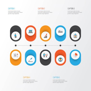 İş düz simgeler kümesi. Adam, pasta Bar, geliştirici ve diğer öğeleri sunma koleksiyonu. Ayrıca dişli, imzalama, ekran gibi simgeler içerir.