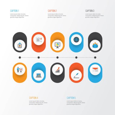 İş düz simgeler kümesi. Kalem, adam, kimlik kartı ve diğer öğeleri sunma topluluğu. Ayrıca iş, rozet, istatistik gibi simgeler içerir.