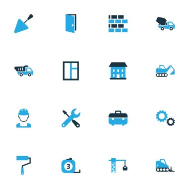Sanayi renkli simgeler kümesi. İşçi, cam, kaldırma kanca ve diğer öğeleri koleksiyonu. Açık pencere, ipucu, gibi semboller de içerir.