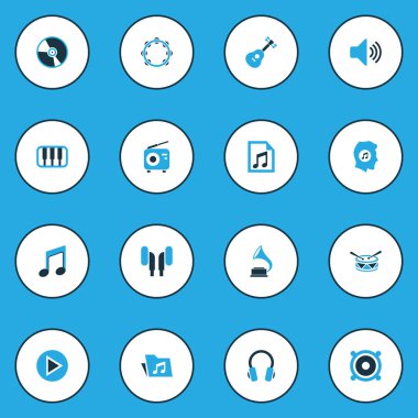 Ses renkli simgeler kümesi. Gitar, klasör, birim ve diğer öğeleri koleksiyonu. Ayrıca piyano sevgilisi, başlangıç, gibi simgeler içerir.