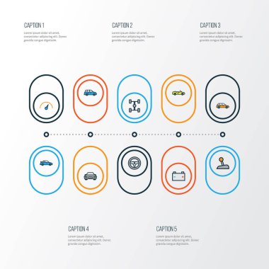 Otomobil renkli anahat simgelerini belirlemek. Makine, karkas, Cabriolet ve diğer öğeleri koleksiyonu. Ayrıca düzeni, dümen, otobüs gibi simgeler içerir.