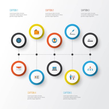 Ticaret düz simgeler kümesi. Zarf, kalem, hiyerarşi ve diğer öğeleri koleksiyonu. Ayrıca adam, çanta, zarf gibi simgeler içerir.