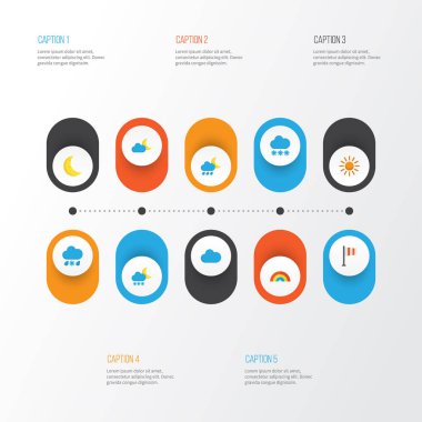 Hava düz simgeler kümesi. Drizzles, Moon, hilal ve diğer öğeleri koleksiyonu. Renkler, güneş, kar gibi semboller de içerir.
