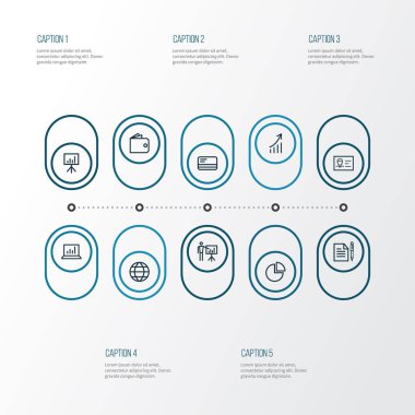 İş anahat simgelerini belirlemek. Daire grafiği, istatistik, banka kartı ve diğer öğeleri koleksiyonu. Ayrıca sözleşme, kart, dünya gibi simgeler içerir.