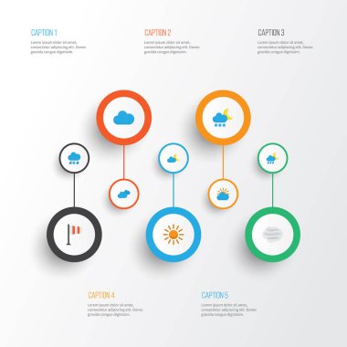 İklim düz simgeler kümesi. Bulutlu, afiş, güneş ve diğer öğeleri koleksiyonu. Ayrıca sembolleri gibi içerir Ayaz, bulut, sıcak.
