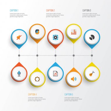 Multimedya düz simgeler kümesi. Akustik, ses, ritim ve diğer öğeleri koleksiyonu. Ayrıca sessiz, hoparlör, tef gibi simgeler içerir.