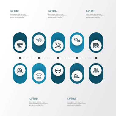 Mimari anahat simgelerini belirlemek. Bant cetvel, tuğla, damperli kamyon ve diğer öğeleri koleksiyonu. Ayrıca boya, dişli, ekipman gibi simgeler içerir.