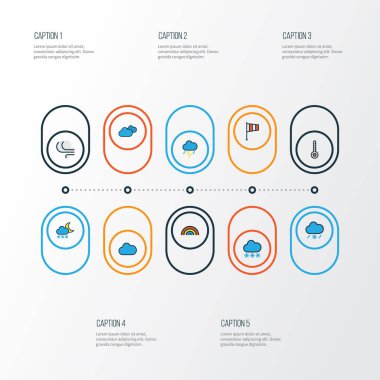 Hava renkli anahat simgeler kümesi. Bayrak, kar yağışı, rüzgarlı ve diğer öğeleri koleksiyonu. Ayrıca bulutlu kar, yağmur gibi sembolleri içerir.