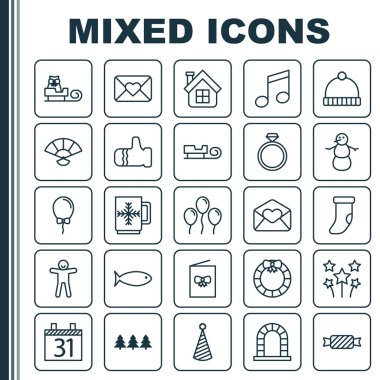 Tatil Icons Set. Şömine dekorasyonu, Crotchets, kızak ve diğer öğeleri koleksiyonu. Ayrıca House, Xmas, dayağı gibi simgeler içerir.