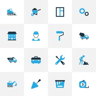 Sanayi renkli simgeler kümesi. Dozer, tornavida, dişli ve diğer öğeleri koleksiyonu. Ayrıca boya, kürek, Barrow gibi simgeler içerir.