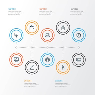 İş anahat simgelerini belirlemek. Banka kartı, Analytics, Yöneticisi ve diğer öğeleri koleksiyonu. Ayrıca ödeme, işaret, patron gibi simgeler içerir.