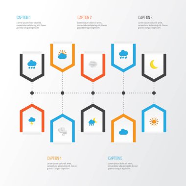 Hava düz simgeler kümesi. Güneşli topluluğu, fırtına, Flash ve diğer öğeleri. Ayrıca doluya, hilal, Drizzles gibi simgeler içerir.