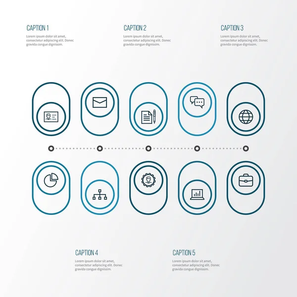 Munkát vázlat ikonok beállítása. Táska, globális, beszélgetés és más elemek gyűjteménye. Magában foglalja a szimbólumok, mint a vezető, a levél, a hierarchia. — Stock Vector