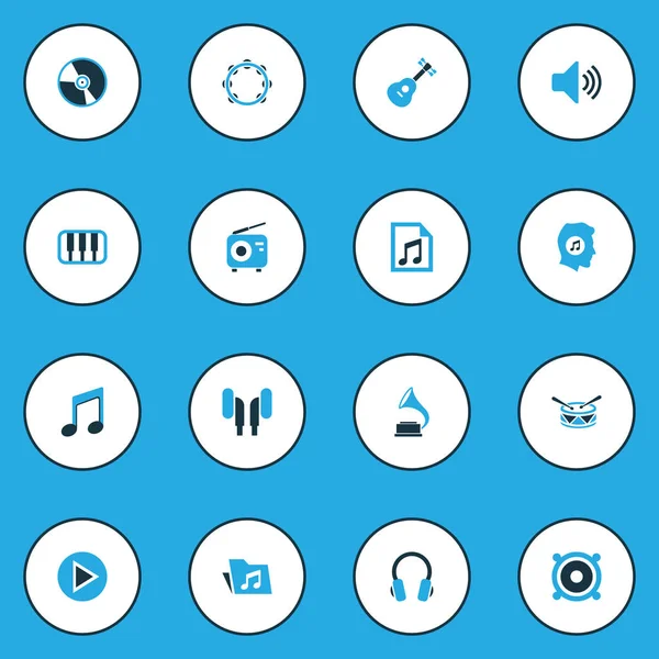 Ses renkli simgeler kümesi. Gitar, klasör, birim ve diğer öğeleri koleksiyonu. Ayrıca piyano sevgilisi, başlangıç, gibi simgeler içerir.