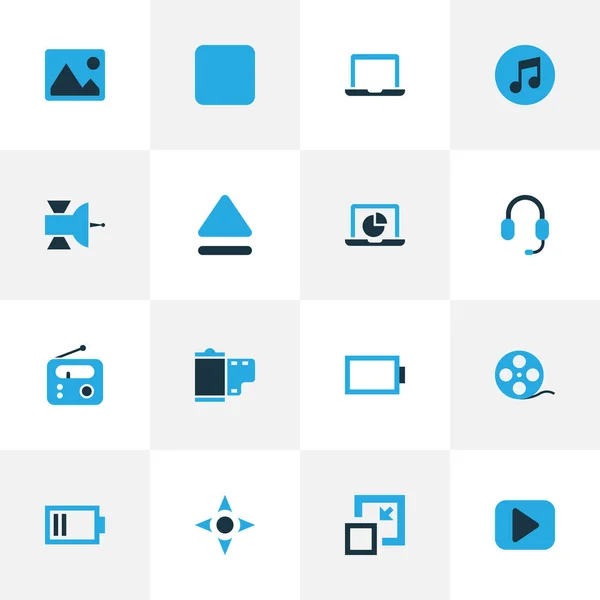 Muziek kleurrijke Icons Set. Collectie van pijl, Filmstrip, foto's en andere elementen. Ook bevat symbolen zoals Low, Reel, formaat. — Stockvector