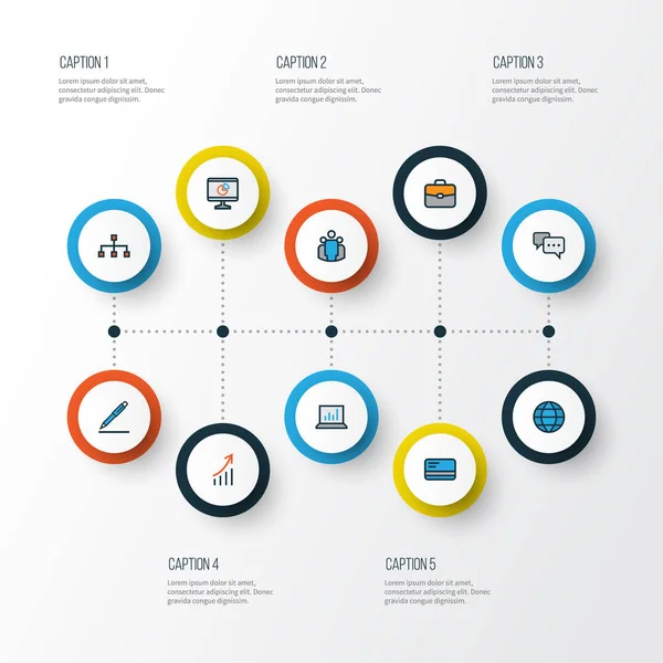 Conjunto de iconos de esquema colorido comercio. Colección de Conversación, Análisis de Computadoras, Red y Otros Elementos. También incluye símbolos tales como grupo, pluma, pastel . — Archivo Imágenes Vectoriales