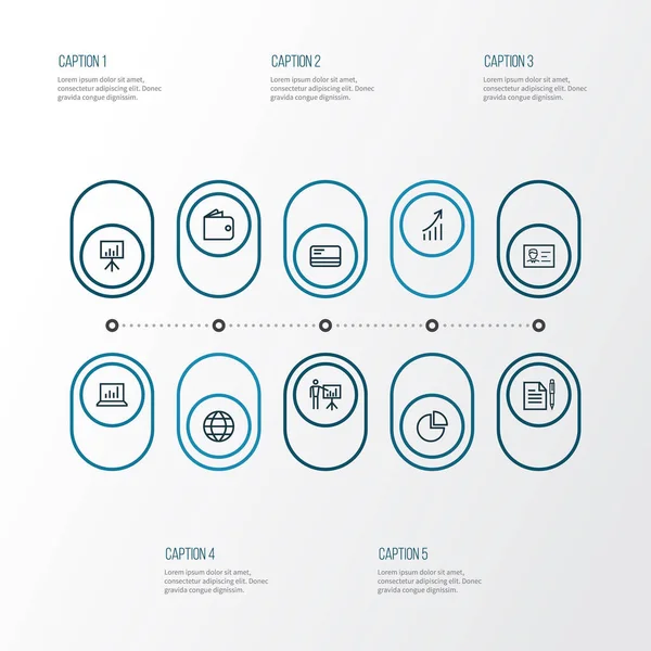 Aperçu de l'entreprise Icônes Set. Collection Of Circle Graph, Statistiques, Carte bancaire et autres éléments. Comprend également des symboles tels que contrat, carte, monde . — Image vectorielle