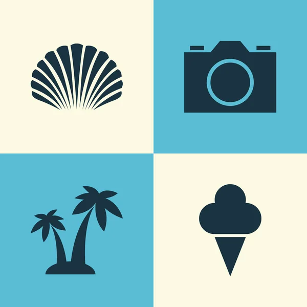 Set di icone della stagione. Collezione di Sorbetto, Conchiglia, Video e altri elementi. Include anche simboli come alberi, Cocos, mare . — Vettoriale Stock