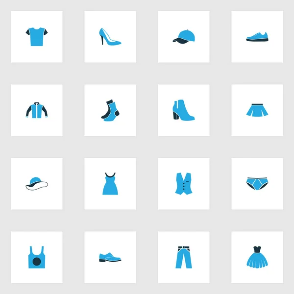 衣服のカラフルなアイコンを設定します。ベスト、スニーカー、パンツ、その他の要素のコレクションです。またシャツ、ベスト、ズボンなどの記号が含まれています. — ストックベクタ