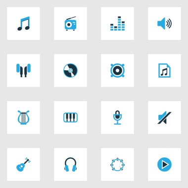 Müzik renkli simgeler kümesi. Birim, gitar, ARP ve diğer öğeleri koleksiyonu. Tef, kulaklık, Mike gibi semboller de içerir.