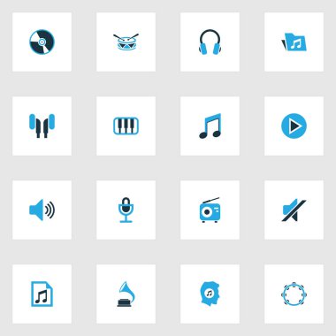 Ses renkli simgeler kümesi. Not, hacim, oyun ve diğer öğeleri koleksiyonu. Ayrıca klasör, Timbrel, Meloman gibi simgeler içerir.