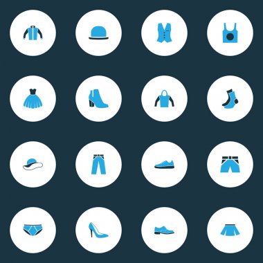 Giysi renkli simgeler kümesi. Ceket, çorap, adam ayakkabı ve diğer öğeleri koleksiyonu. Ayrıca elbise, yelek, külot gibi simgeler içerir.