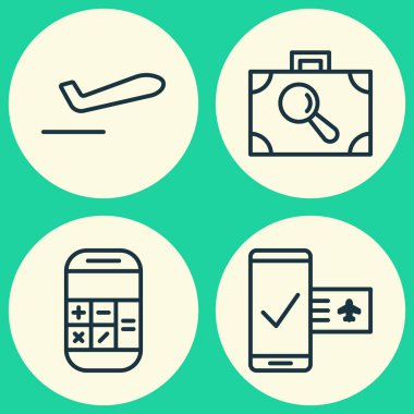 Icons Set seyahat. Telefon rezervasyonu, Bagaj araştırma, hesaplama ve diğer öğeleri koleksiyonu. Ayrıca bavul, tarayıcı, cep gibi simgeler içerir.