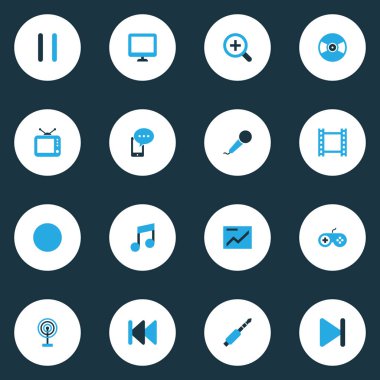 Multimedya renkli simgeler kümesi. Ses, mobil içerik, daire ve diğer öğeleri koleksiyonu. Ayrıca Zoom, kayıt, Gamepad gibi simgeler içerir.