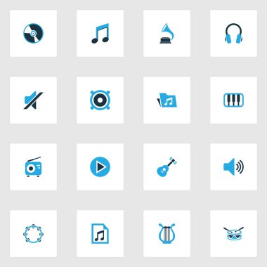 Multimedya renkli simgeler kümesi. Çalma listesi, Not, sessiz ve diğer öğeleri koleksiyonu. Timbrel, oyun, araç gibi semboller de içerir.