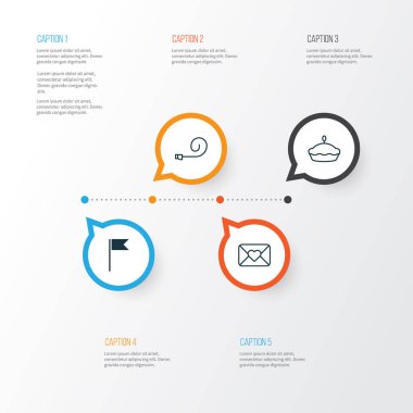 Tatil Icons Set. Börek, kutlama mektubu, bayrak noktası ve diğer öğeleri koleksiyonu. Ayrıca flama, üfleyici, Tart gibi simgeler içerir.