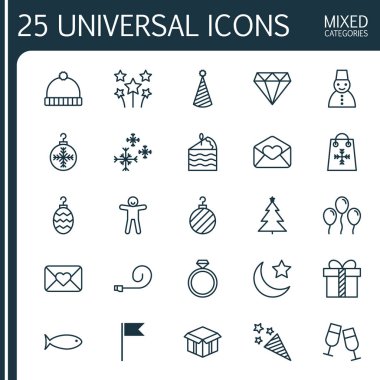 Tatil Icons Set. Bayrak noktası, parlak, kutlama mektubu ve diğer öğeleri koleksiyonu. Ayrıca havai fişek, kış, tebrik gibi simgeler içerir.