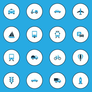 Sevk irsaliyesi renkli simgeler kümesi. Karavan, taksi, tramvay ve diğer öğeleri koleksiyonu. Ayrıca kamyon, tren, Van gibi simgeler içerir.