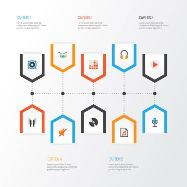 Ses düz simgeler kümesi. Dj, düğme, kulaklık ve diğer öğeleri koleksiyonu. Kulaklık, mikrofon, davul gibi semboller de içerir.