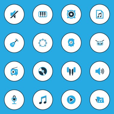 Multimedya renkli simgeler kümesi. Birim, klasör, radyo ve diğer öğeleri koleksiyonu. Ayrıca vinil, klasör, dosya gibi simgeler içerir.