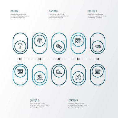 Mimari anahat simgelerini belirlemek. Bir merdiven, araçlar, ev ve diğer öğeleri koleksiyonu. Ayrıca merdiven, kamyon, buldozer gibi simgeler içerir.