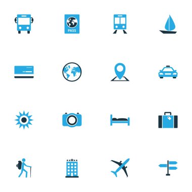 Keşif renkli simgeler kümesi. Harita PIN, uçak, banka kartı ve diğer öğeleri koleksiyonu. Aynı zamanda turizm, otobüs, gezgin gibi simgeler içerir.