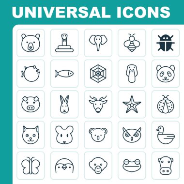 Zooloji Icons Set. Örümcek ağı, babun, ayı ve diğer öğeleri koleksiyonu. Ayrıca Moose, örümcek, baykuş gibi simgeler içerir.