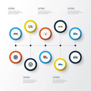 Araba renkli anahat simgelerini belirlemek. Hız, otomobil, spor ve diğer öğeleri koleksiyonu. Ayrıca Van, spor, parça gibi simgeler içerir.