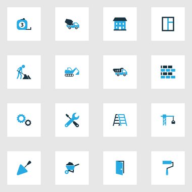 Renkli simgeler binada. Dişli, cam, ipucu kamyon ve diğer öğeleri koleksiyonu. Ayrıca inşaat, duvarcılık, kanca gibi simgeler içerir.
