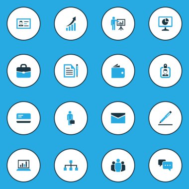 İş renkli simgeler ayarlayın. Banka kartı, büyüyen grafik, posta ve diğer öğeleri koleksiyonu. Ayrıca Analytics, çanta, banka gibi simgeler içerir.