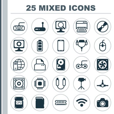 Bilgisayar simgeleri ayarlayın. Akümülatör işareti, yazdırılan belge, bellek kartı ve diğer öğeleri koleksiyonu. Ayrıca film, bellek, Hdd gibi simgeler içerir.