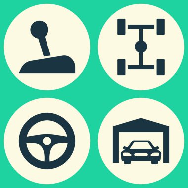 Otomobil Icons Set. Toplama Dingil mesafesi, sürücü kontrol, tamir ve diğer öğeler. Ayrıca, Araba, Dişli direksiyon gibi sembolleri içerir.