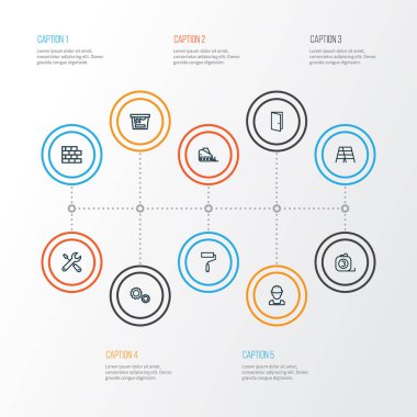 Bina anahat simgelerini belirlemek. Tuğla, renk Can, Oluşturucusu ve diğer öğeleri koleksiyonu. Ayrıca traktör, çıkış, araç gibi simgeler içerir.