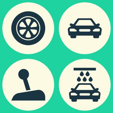 Otomobil Icons Set. Aktarım Temizleme, Oto, sopa ve diğer öğeleri koleksiyonu. Ayrıca otomobil, tekerlek, su gibi simgeler içerir.