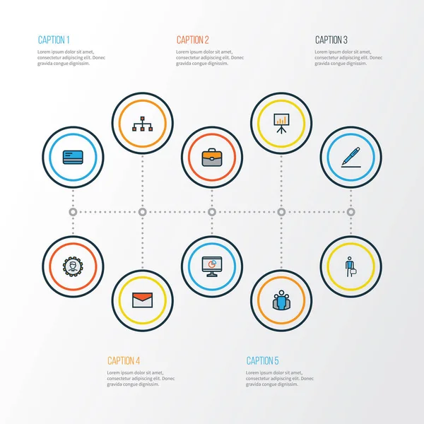 Ensemble d'icônes colorées de contour de travail. Collection de messages, de travailleurs, de portefeuilles et d'autres éléments. Comprend également des symboles tels que réseau, trésorerie, tarte . — Image vectorielle