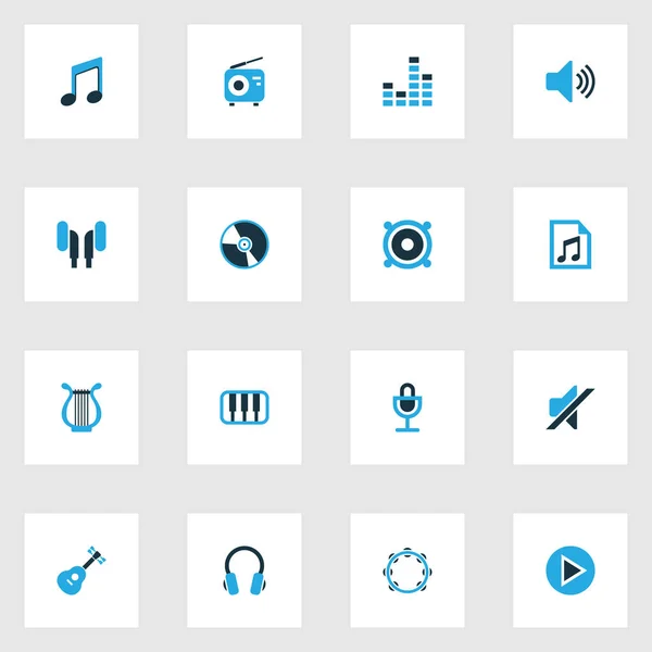 Σετ πολύχρωμα εικονίδια μουσική. Συλλογή του όγκου, κιθάρα, άρπα και άλλα στοιχεία. Επίσης περιλαμβάνει σύμβολα, όπως το ντέφι, Earmuff, Μάικ. — Διανυσματικό Αρχείο